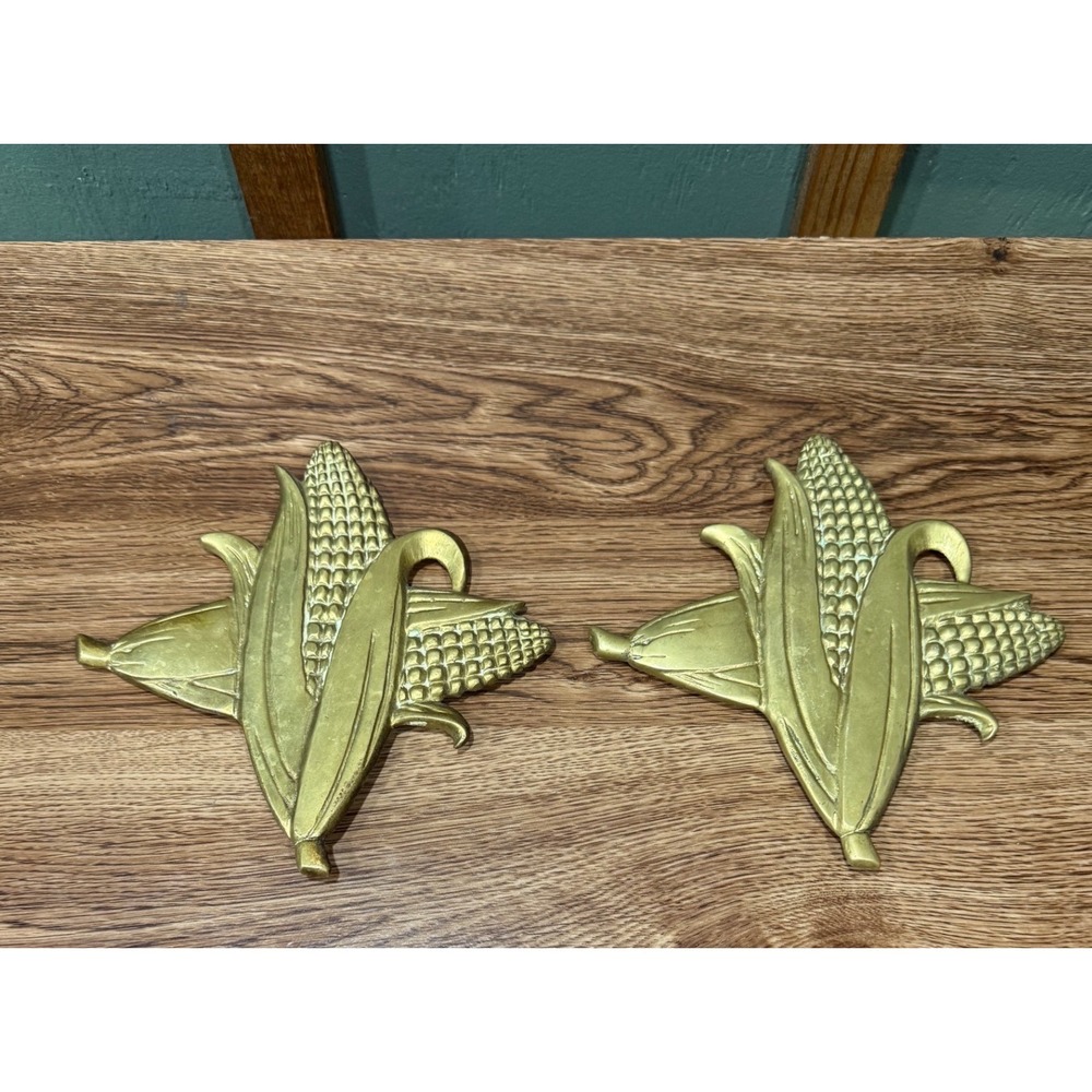 Vintage Brass Corn on the Cob Wall Plaques / Trivets Set of 2 Gold Harvest Decor